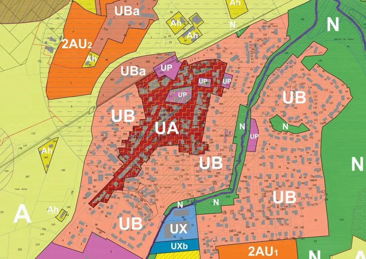 Plan cadastral d&eacute;taill&eacute; de Wambrechies, montrant les zones urbaines (UA, UB, UBa, UP, UX, UXb) et les zones naturelles (N, Ah, 2AU2).