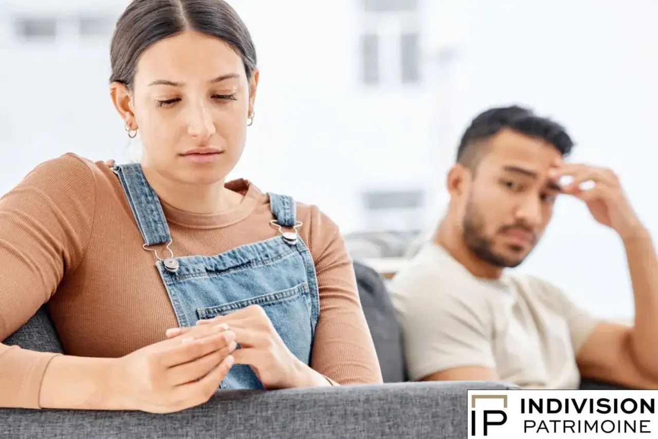 Couple pensif, la femme retire sa bague. Discussion sur le remboursement des travaux faits pendant la vie commune.