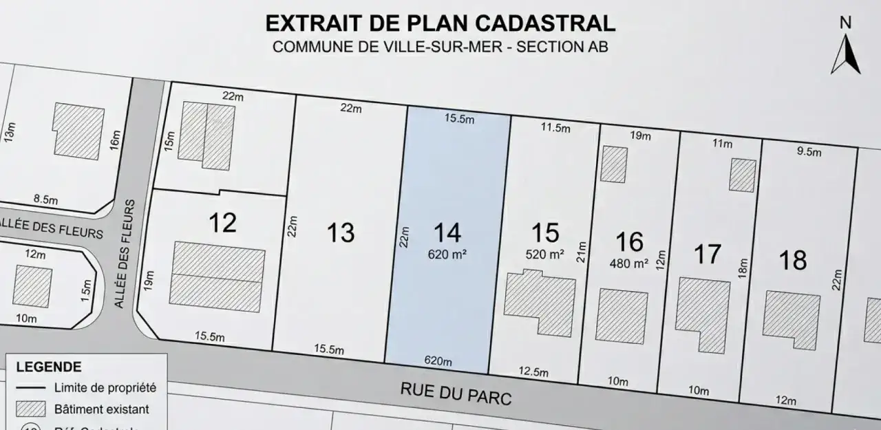Extrait du cadastre de Ville-sur-Mer, section AB, montrant les parcelles numérotées 12 à 18, avec leurs dimensions et surfaces.
