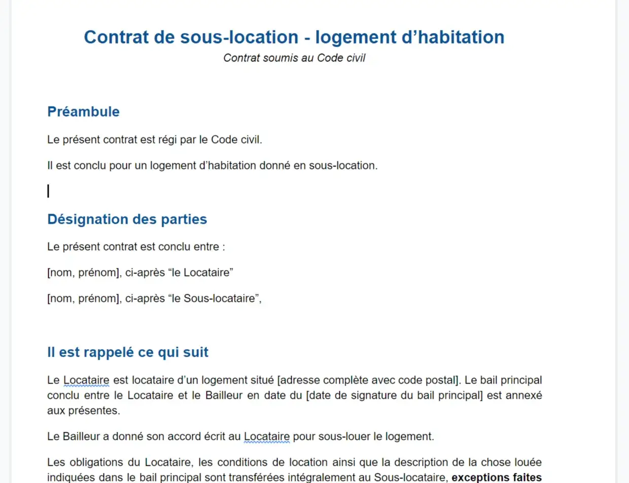 Contrat de sous-location d'un logement. Ce document détaille les termes pour sous louer son appartement, définissant les parties et les conditions.