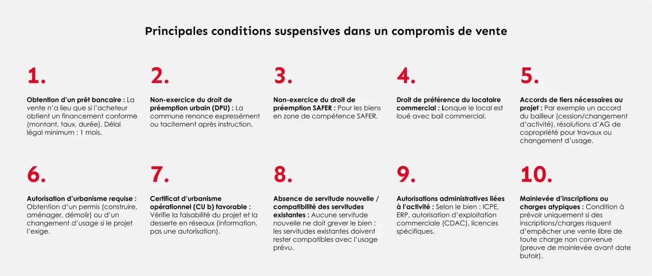 Principales conditions suspensives : obtention d'un pr&ecirc;t, non-exercice du droit de pr&eacute;emption, droit de pr&eacute;f&eacute;rence du locataire, accords de tiers, autorisation d'urbanisme (permis de construire), CUb favorable, absence de servitude, autorisations admin...