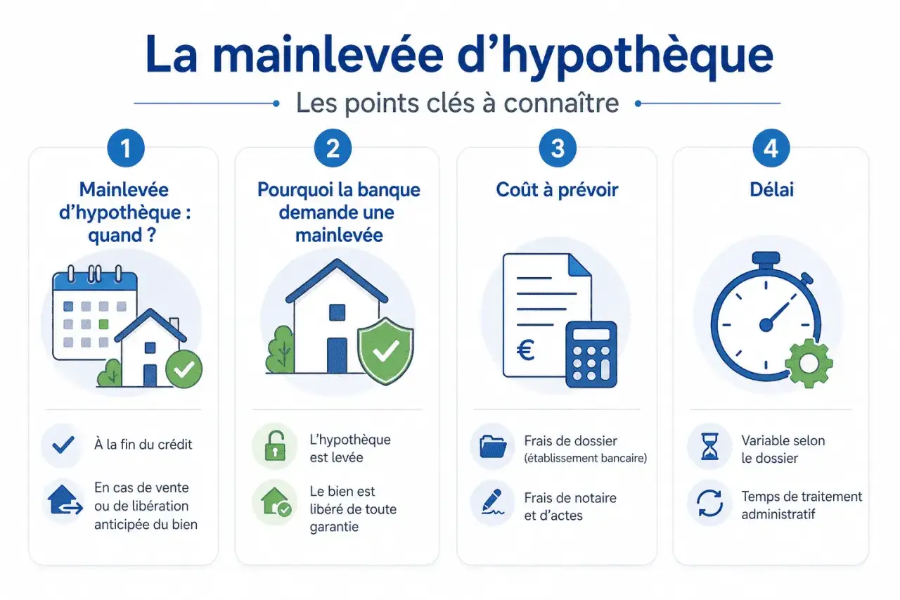 Infographie expliquant la mainlev&eacute;e d'hypoth&egrave;que : quand, pourquoi, co&ucirc;t et d&eacute;lai.