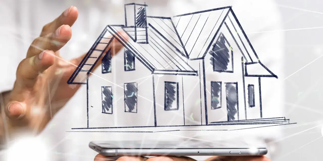 Main d'un agent immobilier tenant un smartphone, sur lequel est projet&eacute; un dessin de maison. Illustration d'un manquement au devoir de conseil.