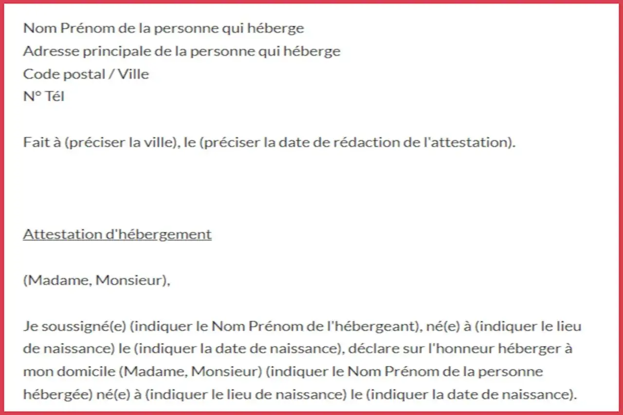 Attestation d'hébergement pour une personne hébergée à titre gratuit. Le document demande les informations de l'hébergeant et de l'hébergé.