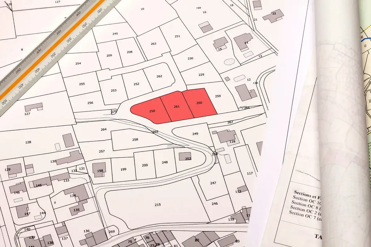 Plan cadastral vitré, avec des parcelles délimitées et numérotées. Trois parcelles sont mises en évidence en rouge. Une règle est posée sur le plan.