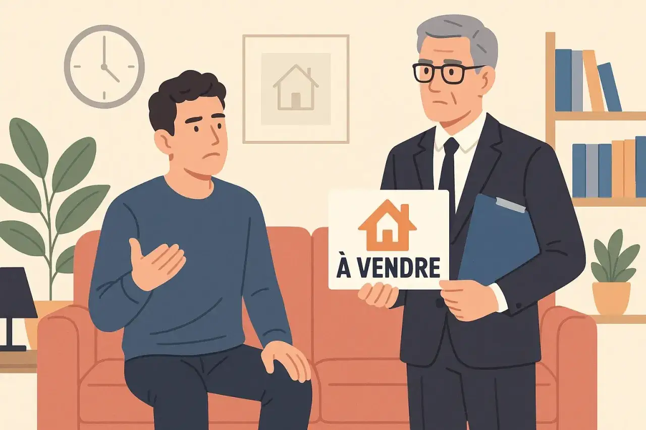Un agent immobilier pr&eacute;sente un panneau 