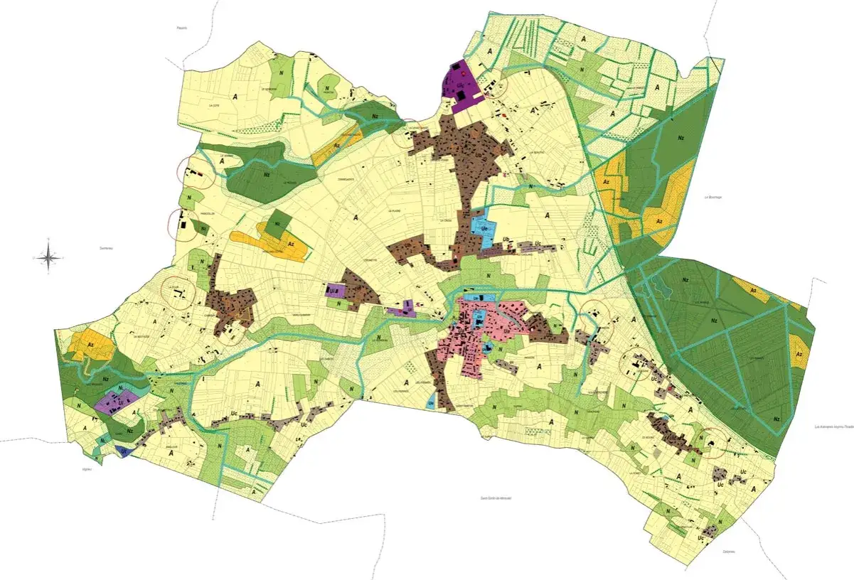 Carte de zonage d'une commune, avec des zones agricoles, naturelles et urbaines. On y voit le plu venerque.