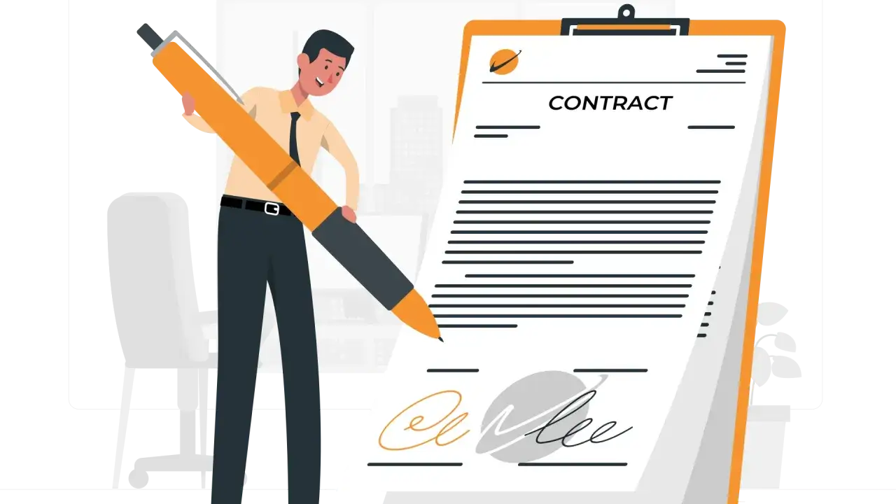 Un homme signe un contrat avec un stylo g&eacute;ant. L'image &eacute;voque la signature d'un acte notari&eacute;, les int&eacute;r&ecirc;ts compte s&eacute;questre notaire.