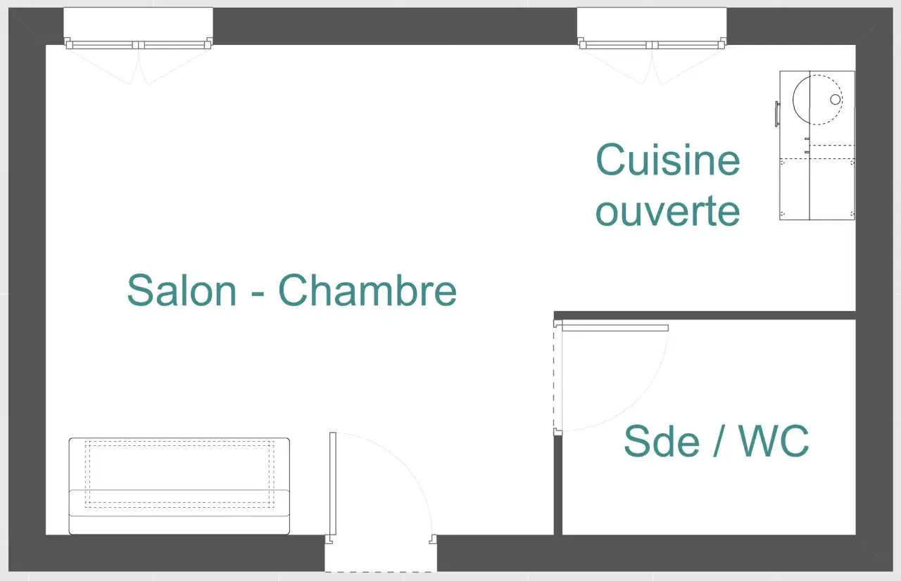 Plan d'un appartement T1 bis : salon-chambre, cuisine ouverte, salle d'eau/WC. Idéal pour une définition de petit espace optimisé.