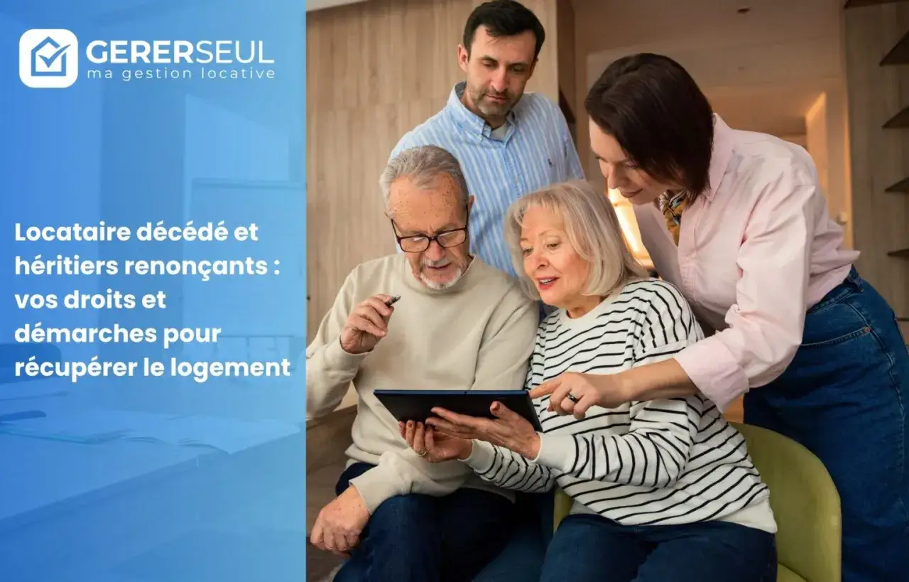 Famille discutant d'un transfert de bail après le décès du locataire. Ils consultent une tablette pour connaître leurs droits et démarches.