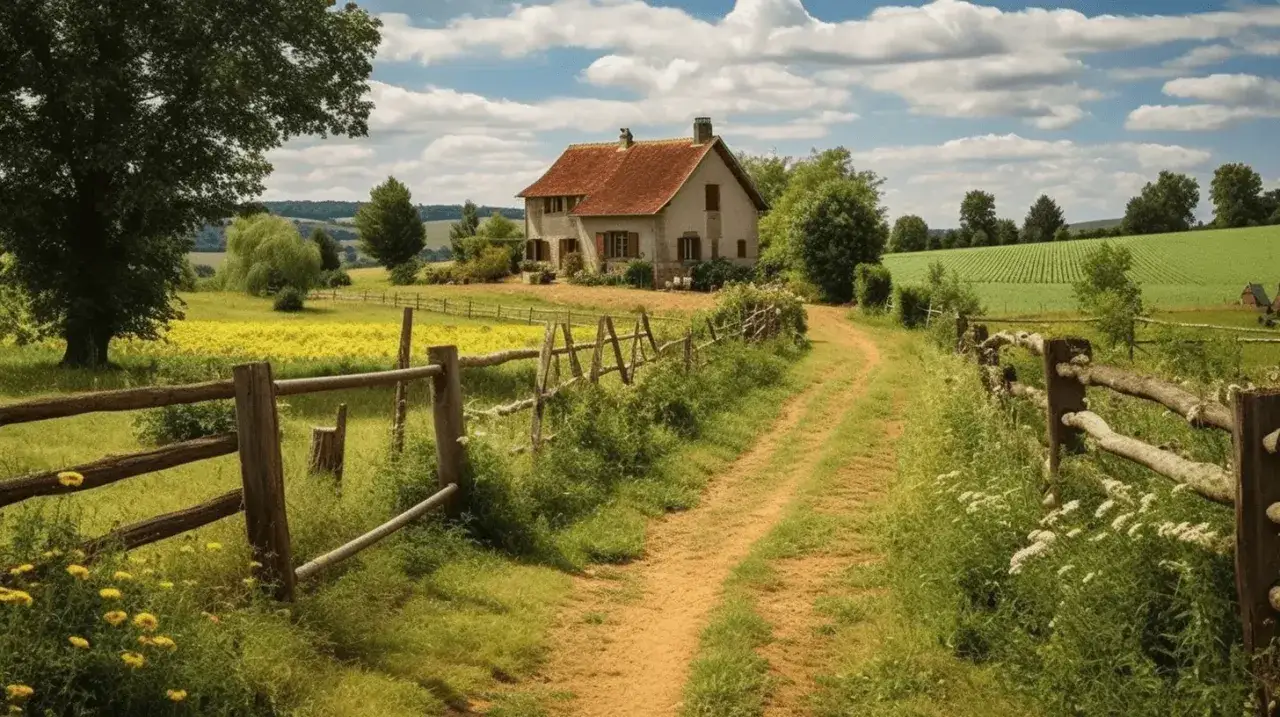 Chemin de terre menant à une maison de campagne. Le terrain, autrefois constructible, est maintenant un paysage bucolique, peut-être en attente d'une indemnisation.