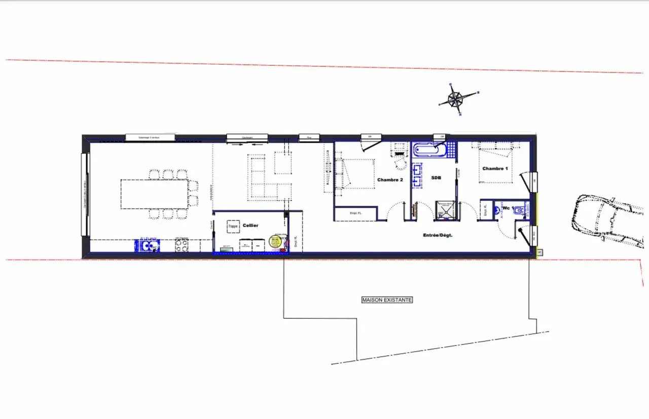 Plan d'une maison avec salon, cuisine, 2 chambres, SDB, WC, cellier. Surface minimum pour construire une maison optimisée.