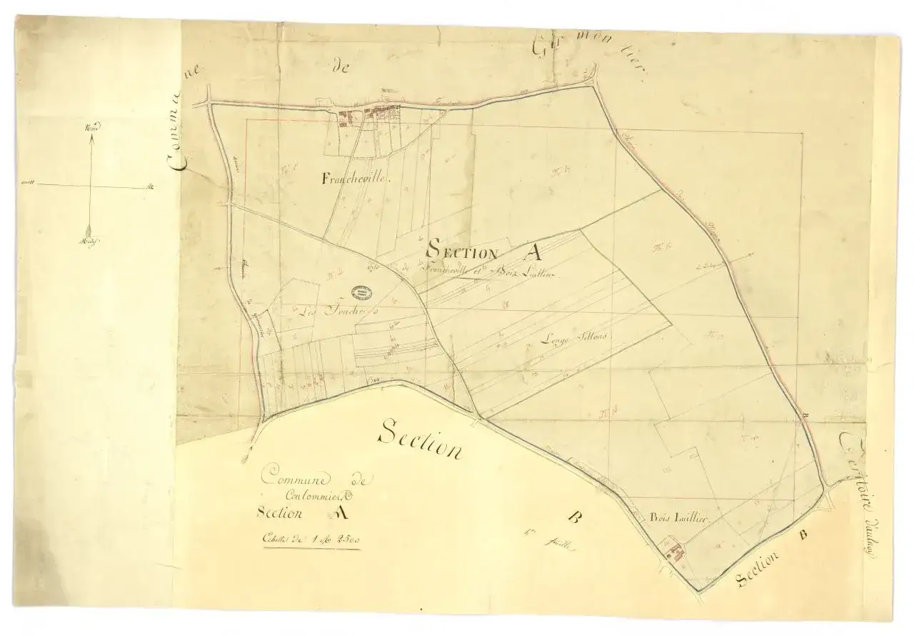 Plan ancien du cadastre de Coulommiers, section A, montrant les parcelles de Francheville et Bois Lallier.