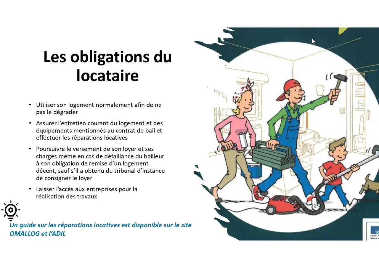 Famille en action pour l'entretien du logement, rappelant les obligations du locataire selon l'article 6 loi 6 juillet 1989.