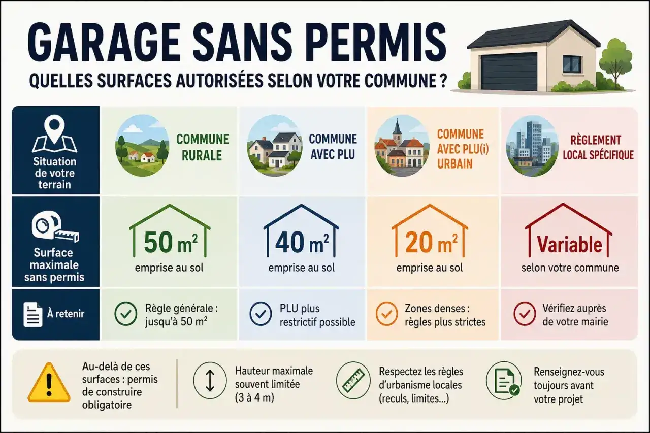 Tableau comparatif des surfaces de garage autoris&eacute;es sans permis de construire selon le type de commune.