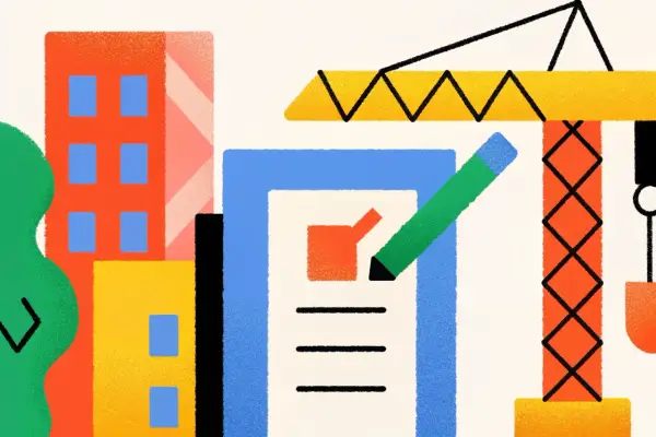 Illustration d'un permis de construire et changement de PLU : grue, immeubles colorés, et un document avec un crayon vert.