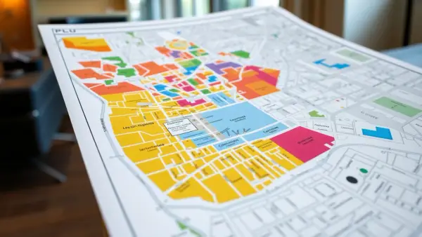 Carte PLU colorée, montrant la différence entre les zones. On y voit des rues et des bâtiments, avec des couleurs vives pour distinguer les zones.