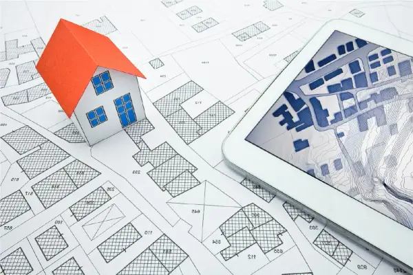 Maquette de maison sur un plan cadastral, avec une tablette affichant une carte numérique. Idéal pour un projet immobilier à plu Ajaccio.