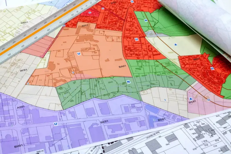 Plans cadastraux colorés, avec des zones délimitées par des couleurs vives. Un plan de cadastre fougères est visible, avec une règle graduée posée dessus.