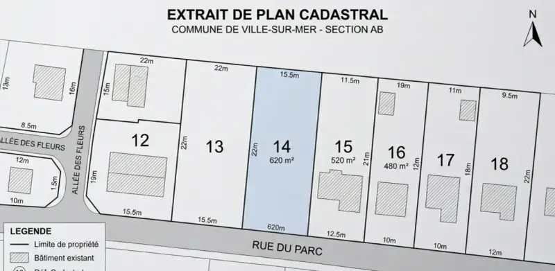 Extrait du cadastre de Yvetot, montrant des parcelles numérotées 12 à 18, avec leurs dimensions et la présence de bâtiments.