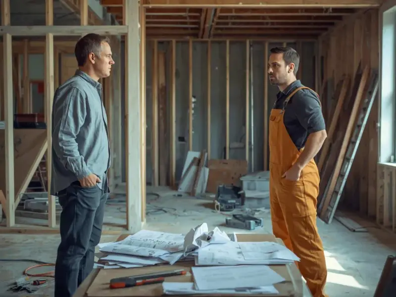 Deux hommes discutent sur un chantier. L'un semble vouloir se faire rembourser des travaux faits pendant vie commune.